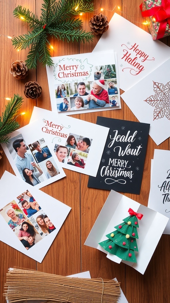 A collection of creative Christmas cards on a wooden table, showcasing various designs and holiday decorations.